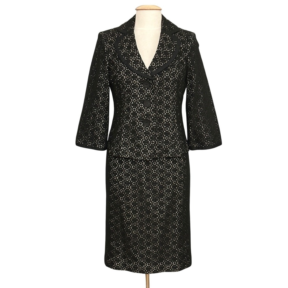 Kasper Womens Suit 6 Black Open Weave Jacket Skirt Feminine Coquette Wedding